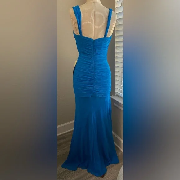NWT, Designer 100% Silk Chiffon Blue Hi Lo Hem Evening Gown Dress, Size 8 - Picture 6 of 16